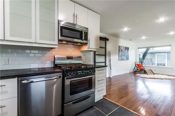 Interior, Kitchen, Recessed Lighting, Stainless Steel Appliances, Wood Texture Flooring