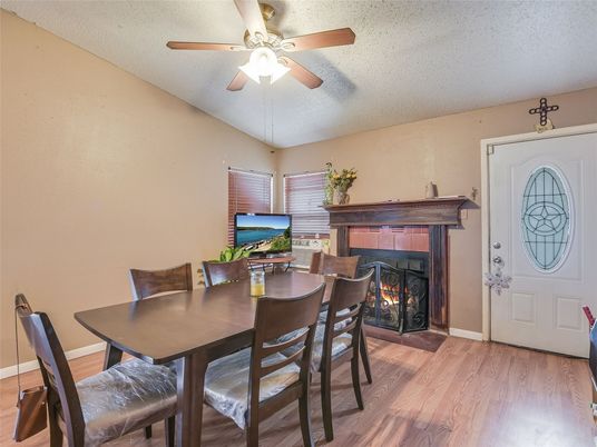 Dining room, Fireplace, Interior, Wood Texture Flooring