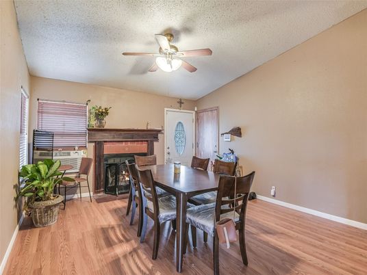 Dining room, Fireplace, Interior, Wood Texture Flooring