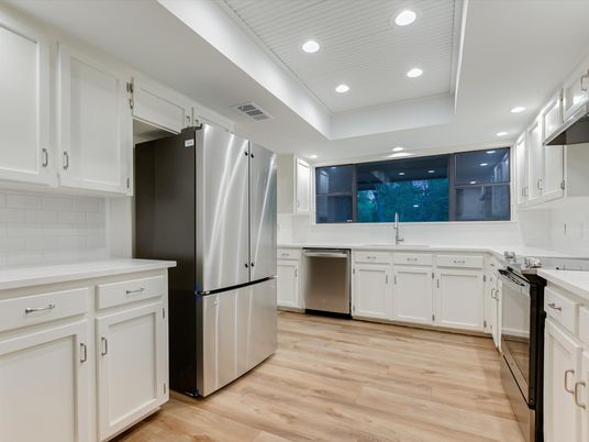 Interior, Kitchen, Recessed Lighting, Stainless Steel Appliances, Wood Texture Flooring
