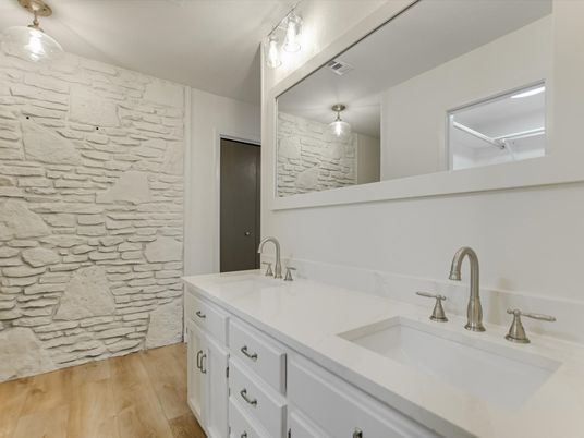 Bathroom, Dual Sink Vanities, Interior, Stone Walls, Wood Texture Flooring