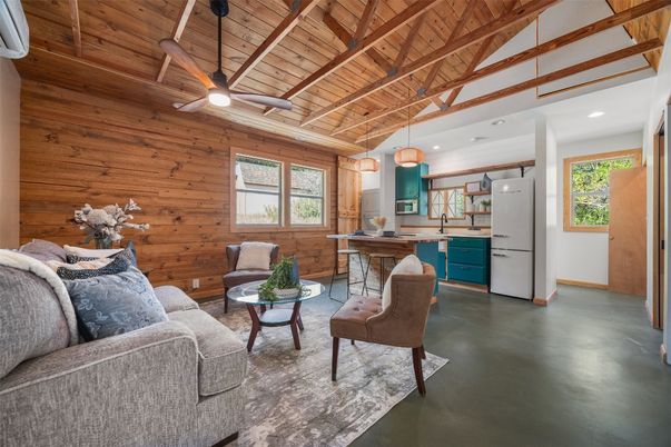 Interior, Kitchen, Living room, Pendant Lights, Recessed Lighting, Wooden Beams, Wooden Ceilings, Wooden Walls