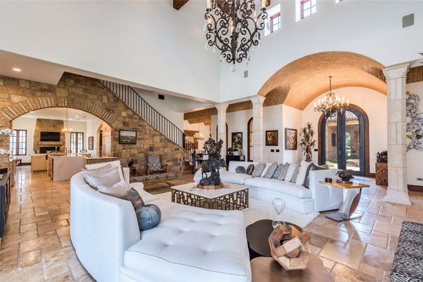 Chandelier, Interior, Living room, Pendant Lights, Recessed Lighting, Stone Walls