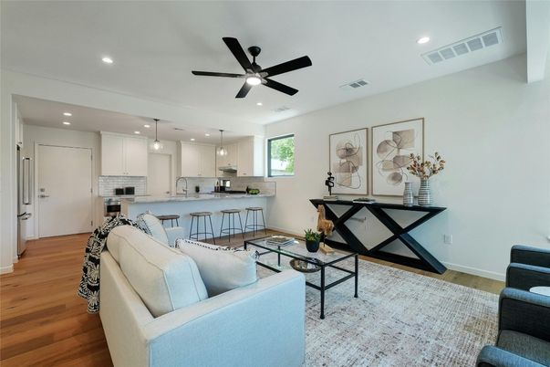Interior, Kitchen, Living room, Recessed Lighting, Wood Texture Flooring