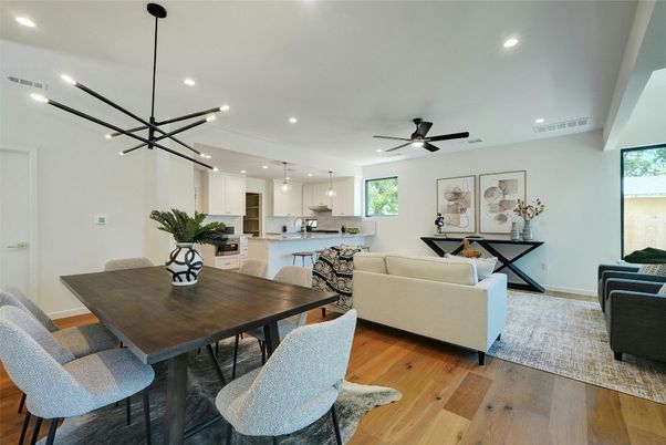 Dining room, Interior, Kitchen, Living room, Pendant Lights, Recessed Lighting, Wood Texture Flooring