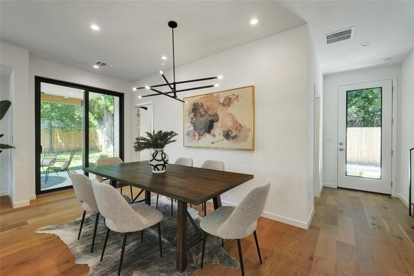 Dining room, Interior, Pendant Lights, Recessed Lighting, Wood Texture Flooring