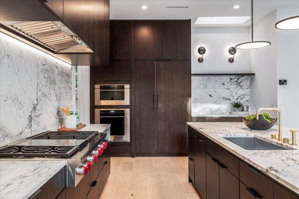 Interior, Kitchen, Marble Walls, Pendant Lights, Recessed Lighting, Stainless Steel Appliances, Wood Texture Flooring