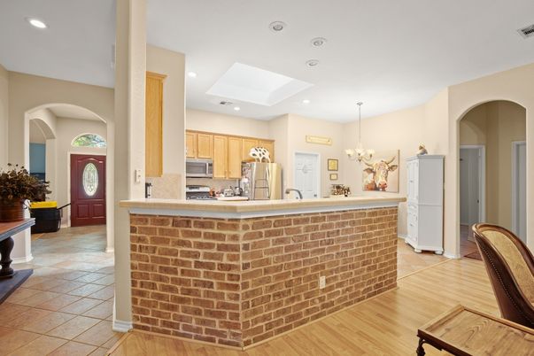 Chandelier, Interior, Kitchen, Recessed Lighting, Wood Texture Flooring