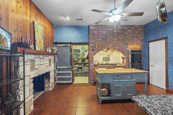 Fireplace, Interior, Recessed Lighting, Stone Walls, Wooden Walls