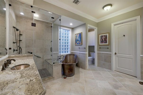 Bathroom, Dual Sink Vanities, Glass Shower, Interior, Recessed Lighting