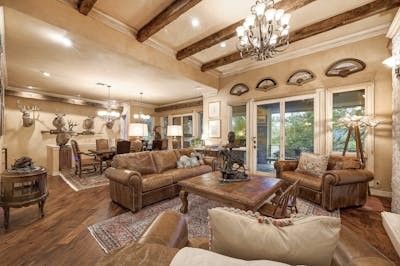 Chandelier, Dining room, Interior, Living room, Recessed Lighting, Wooden Beams, Wood Texture Flooring