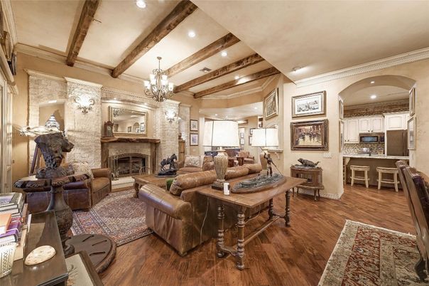 Chandelier, Dining room, Fireplace, Interior, Kitchen, Living room, Recessed Lighting, Wooden Beams, Wood Texture Flooring
