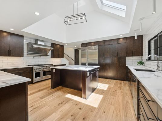 Interior, Kitchen, Pendant Lights, Recessed Lighting, Stainless Steel Appliances, Wood Texture Flooring