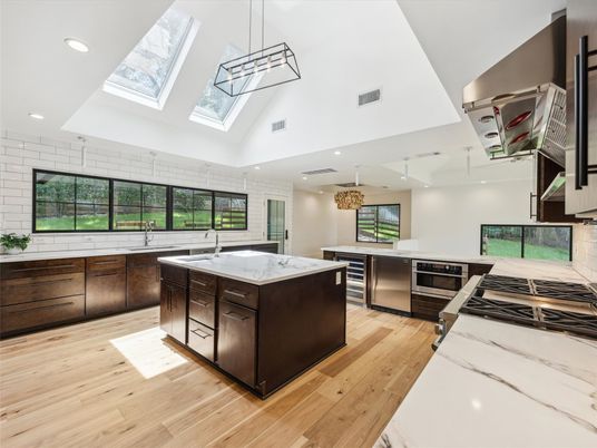 Glass Ceilings, Interior, Kitchen, Pendant Lights, Recessed Lighting, Stainless Steel Appliances, Wood Texture Flooring