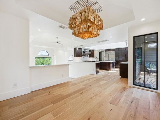 Chandelier, Interior, Kitchen, Recessed Lighting, Wood Texture Flooring