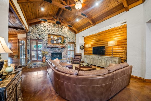 Fireplace, Interior, Living room, Recessed Lighting, Stone Walls, Wooden Beams, Wooden Ceilings, Wooden Walls