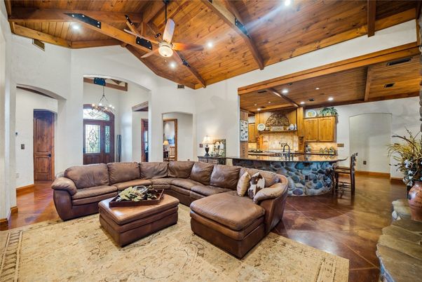 Chandelier, Dining room, Interior, Kitchen, Living room, Recessed Lighting, Wooden Beams, Wooden Ceilings, Wood Texture Flooring
