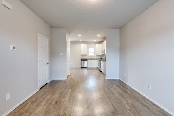 Empty room, Interior, Kitchen, Recessed Lighting, Wood Texture Flooring