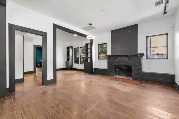 Empty room, Fireplace, Interior, Recessed Lighting, Wood Texture Flooring