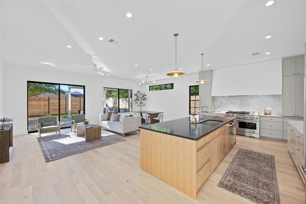Interior, Kitchen, Living room, Pendant Lights, Recessed Lighting, Stainless Steel Appliances, Wood Texture Flooring