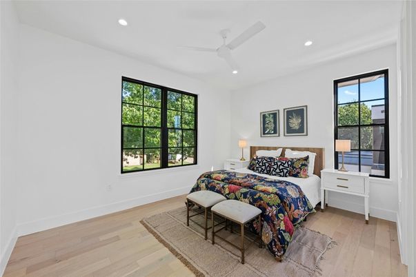 Bedroom, Interior, Recessed Lighting, Wood Texture Flooring