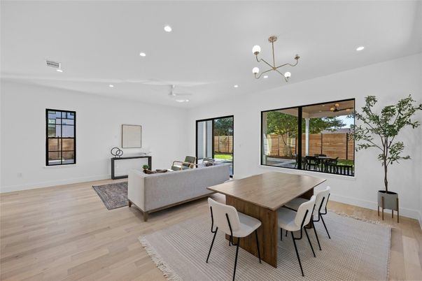Dining room, Interior, Living room, Pendant Lights, Recessed Lighting, Wood Texture Flooring