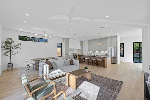 Dining room, Interior, Kitchen, Living room, Pendant Lights, Recessed Lighting, Stainless Steel Appliances, Wood Texture Flooring