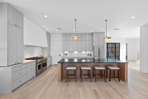 Interior, Kitchen, Pendant Lights, Recessed Lighting, Stainless Steel Appliances, Wood Texture Flooring