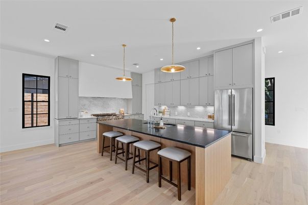 Interior, Kitchen, Pendant Lights, Recessed Lighting, Stainless Steel Appliances, Wood Texture Flooring