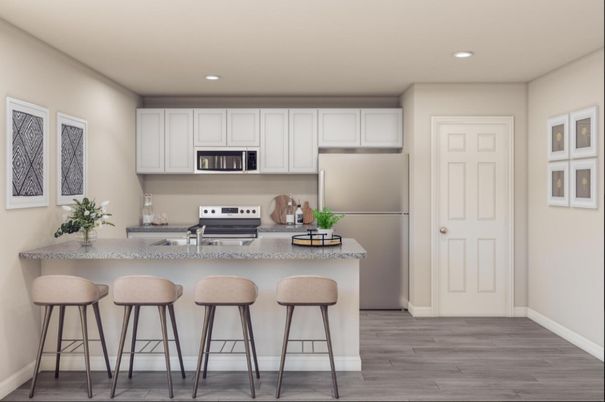 Interior, Kitchen, Recessed Lighting, Stainless Steel Appliances, Wood Texture Flooring