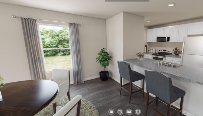 Dining room, Interior, Kitchen, Recessed Lighting, Stainless Steel Appliances, Wood Texture Flooring
