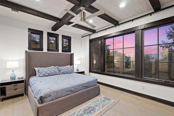 Bedroom, Interior, Recessed Lighting, Wooden Beams, Wood Texture Flooring