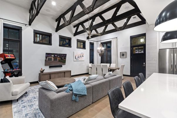 Dining room, Interior, Kitchen, Living room, Pendant Lights, Recessed Lighting, Stainless Steel Appliances, Wooden Beams, Wood Texture Flooring