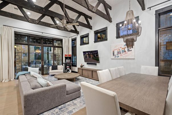 Chandelier, Dining room, Interior, Living room, Wooden Beams, Wood Texture Flooring
