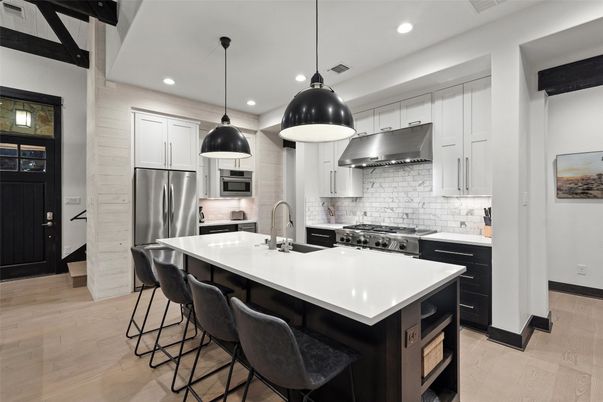 Interior, Kitchen, Pendant Lights, Recessed Lighting, Stainless Steel Appliances, Wood Texture Flooring