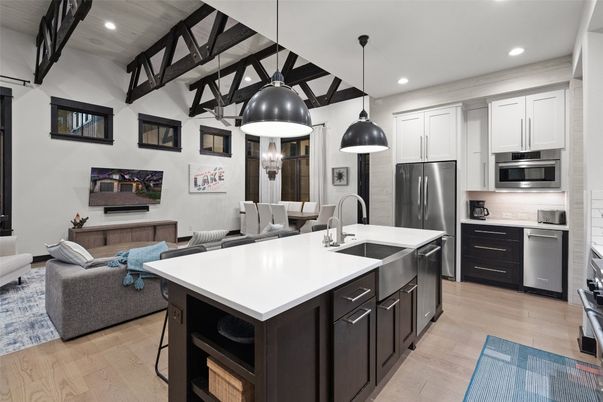 Interior, Kitchen, Living room, Pendant Lights, Recessed Lighting, Stainless Steel Appliances, Wood Texture Flooring
