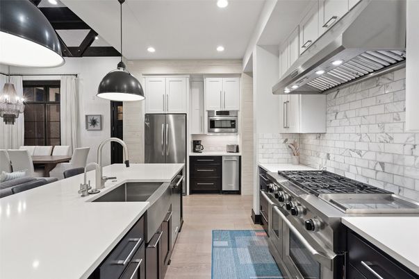 Interior, Kitchen, Pendant Lights, Recessed Lighting, Stainless Steel Appliances, Wood Texture Flooring