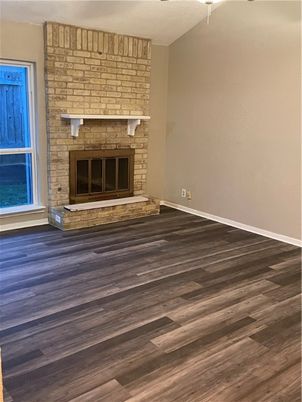 Empty room, Fireplace, Interior, Stone Walls, Wood Texture Flooring