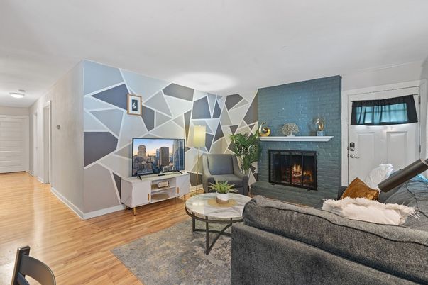Fireplace, Interior, Living room, Stone Walls, Wood Texture Flooring
