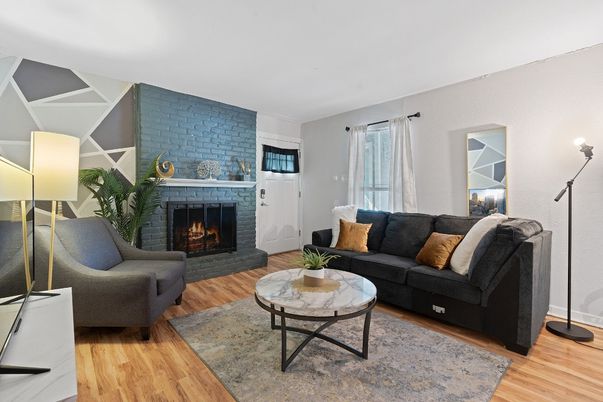 Fireplace, Interior, Living room, Stone Walls, Wood Texture Flooring