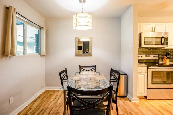 Dining room, Interior, Kitchen, Stainless Steel Appliances, Wood Texture Flooring