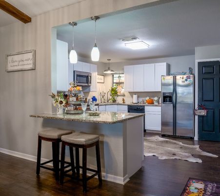 Interior, Kitchen, Pendant Lights, Stainless Steel Appliances, Wood Texture Flooring