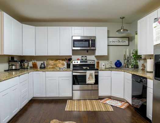 Interior, Kitchen, Pendant Lights, Stainless Steel Appliances, Wood Texture Flooring