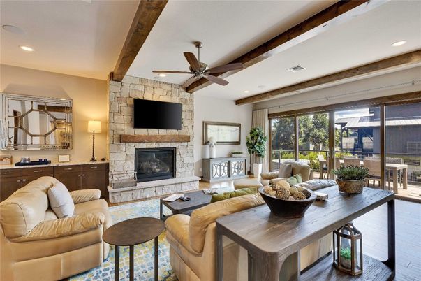 Dining room, Fireplace, Interior, Living room, Recessed Lighting, Stone Walls, Wooden Beams