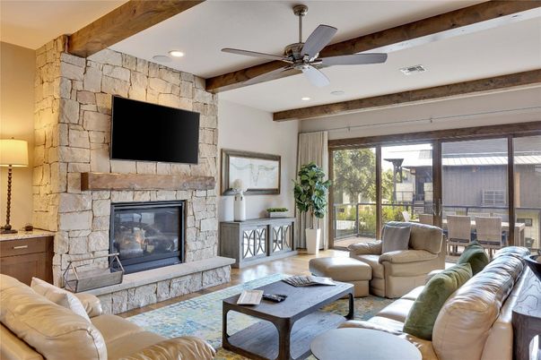 Fireplace, Interior, Living room, Recessed Lighting, Stone Walls, Wooden Beams