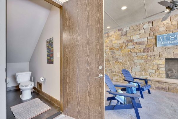 Bathroom, Fireplace, Interior, Recessed Lighting, Stone Walls