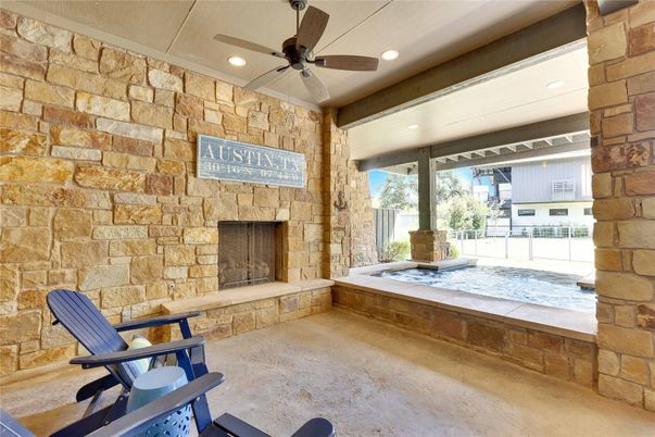 Exterior, Fireplace, Recessed Lighting, Stone Walls