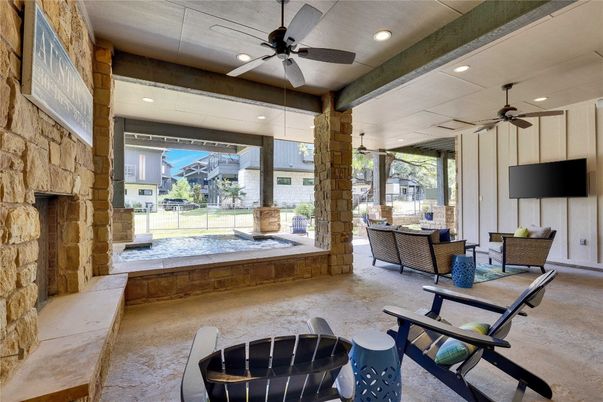 Fireplace, Interior, Living room, Recessed Lighting, Stone Walls