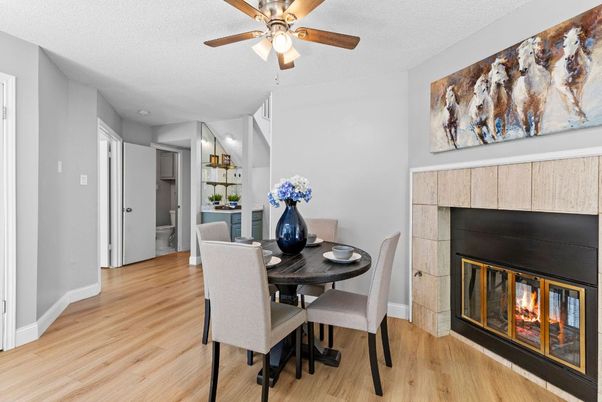 Dining room, Fireplace, Interior, Wood Texture Flooring