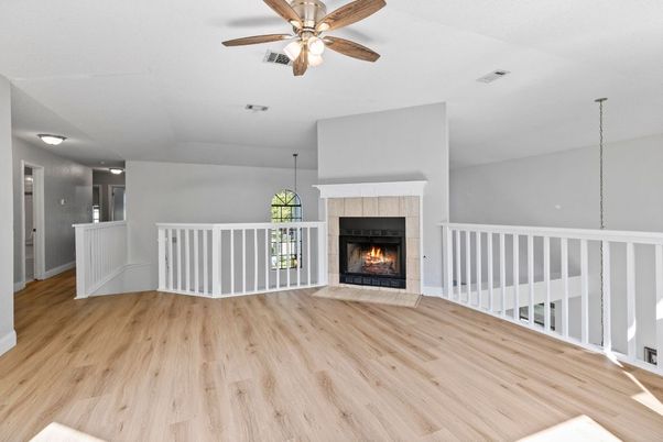 Empty room, Fireplace, Interior, Pendant Lights, Wood Texture Flooring